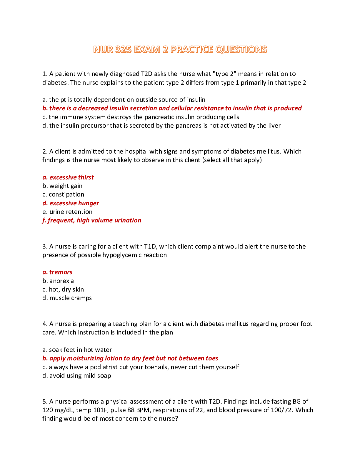 Preview of NUR 325 / NUR 325 EXAM 2 PRACTICE QUESTIONS